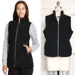 LOFT Sherpa Fall Faux Fur Black Textured Vest Jacket Front Zip Size Large